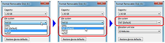 Switch the type of file system to “FAT” in the drop down list at “File system”.