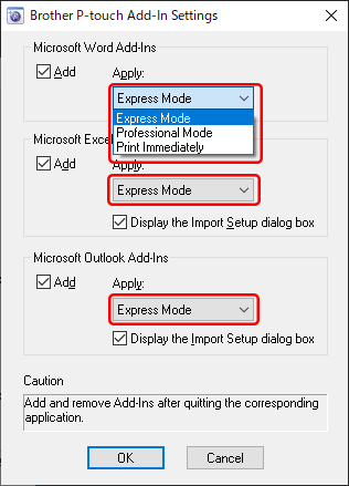 P-touch Add-In Settings