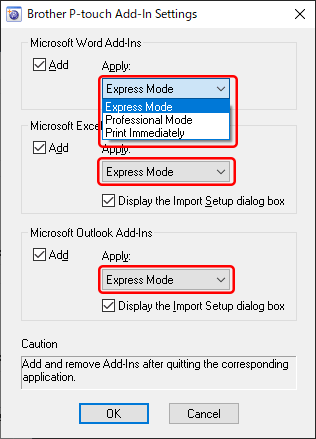 P-touch Add-in Settings (Lisäasetukset)