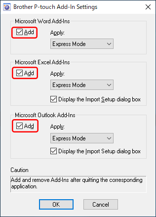 P-touch Add-In Settings