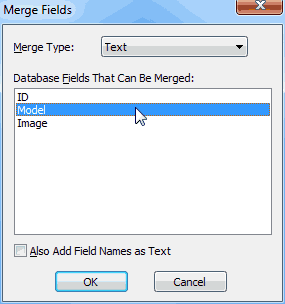 Merge Fields screen - Select Model