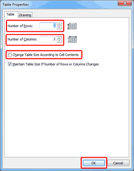 Table Properties dialog