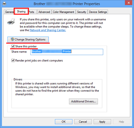 Partage de l'imprimante avec Windows 8/Windows 8.1 (imprimante partagée) |  Brother