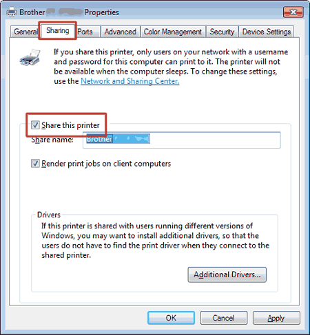 Partajarea imprimantei în Windows 7 (imprimantă partajată) | Brother