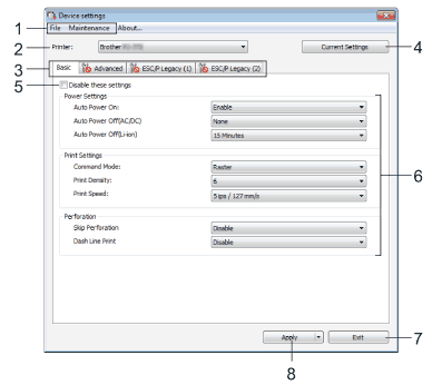 Caixa de diálogo Configurações do dispositivo