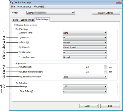 Tube Settings tab