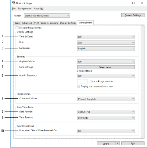 Management Tab for TD-4550DNWB