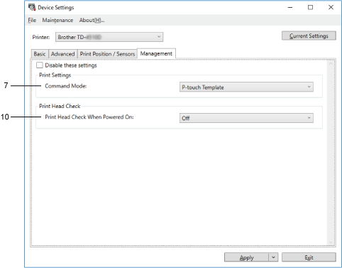 Tabblad Beheerinstelling voor TD-4410D/4420DN/452-DN