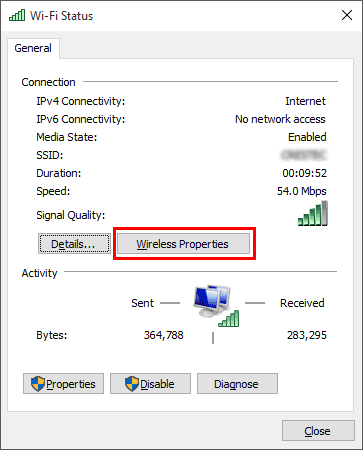 Win 10 Wireless Properties
