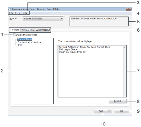 Communication settings window