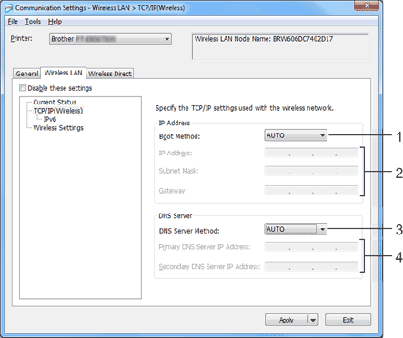 Communication Settings - Wireless LAN tab 1