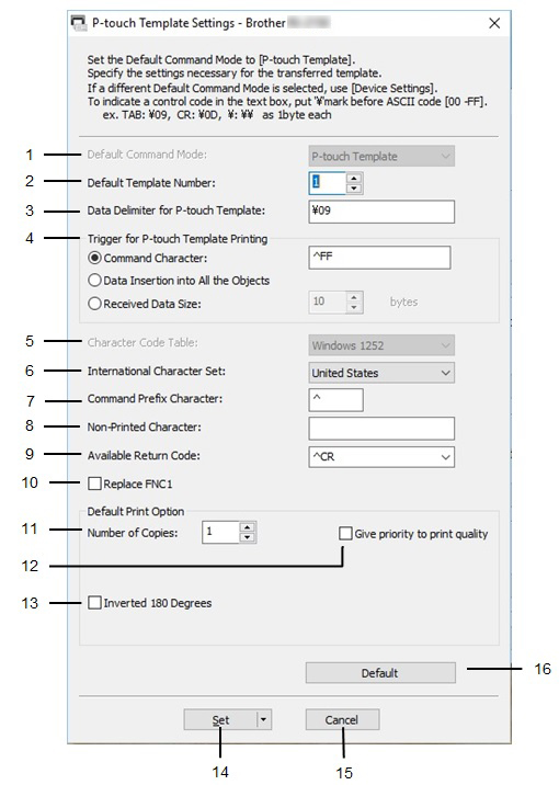 P-touch Template Settings Dialog Box