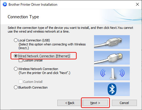Miten tulostin liitetään tietokoneeseen kiinteän lähiverkon (Ethernet)  kautta? Windows: | Brother