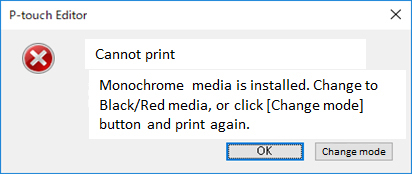 No puedo imprimir y aparece un mensaje de error que indica que el soporte  Monocromo está instalado. (P-touch Editor para Windows) | Brother