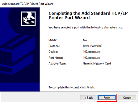 Completing Add Standard TCP/IP Printer Port Wizard