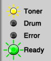 <P>Toner (Yellow): flashing<BR> Drum (Yellow): Off<BR> Error (Red): Off<BR> Ready (Green): On</P>