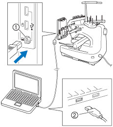 Plug the USB cable connector into the corresponding USB ports for the computer and for the machine.