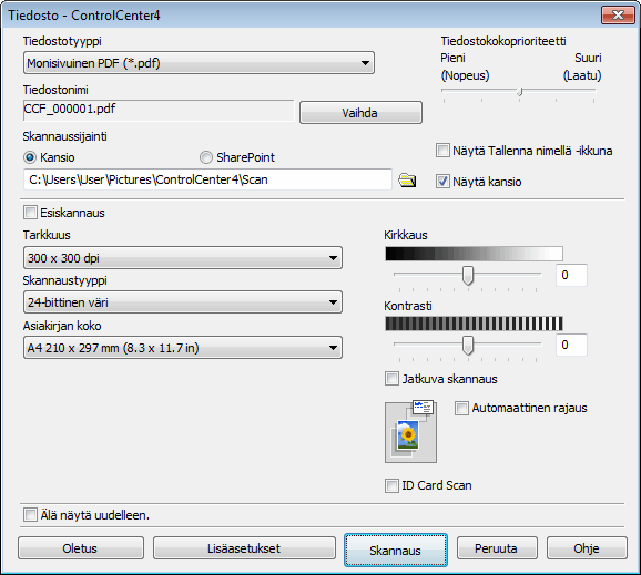 Henkilökortin kummankin puolen skannaus ControlCenter4-ohjelman edistyneen  tilan avulla (Windows) | DCP‑J1100DW | MFC‑J1300DW