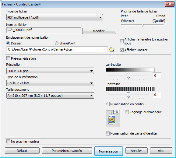 Numériser les deux faces d'une carte d'identité à l'aide du mode Avancé de  ControlCenter4 (Windows) | DCP‑T310 | DCP‑T510W | DCP‑T710W | MFC‑T910DW