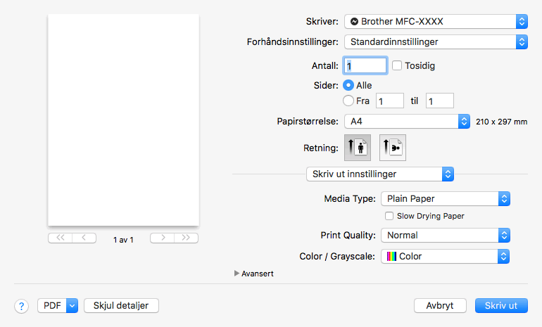 Skriv ut innstillinger