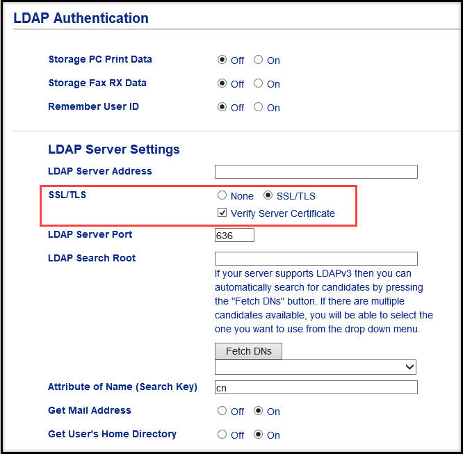 LDAP Authentication screen